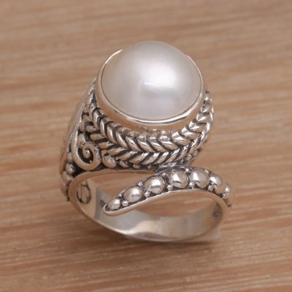 Alternate image for Handmade 925 Sterling Silver Cultured Pearl Snake Ring Coiled Asp