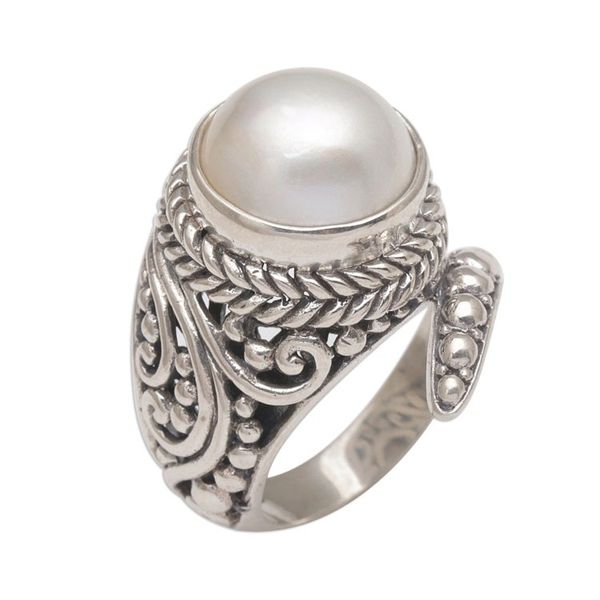 Alternate image for Handmade 925 Sterling Silver Cultured Pearl Snake Ring Coiled Asp