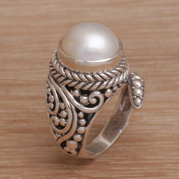 Alternate image for Handmade 925 Sterling Silver Cultured Pearl Snake Ring Coiled Asp