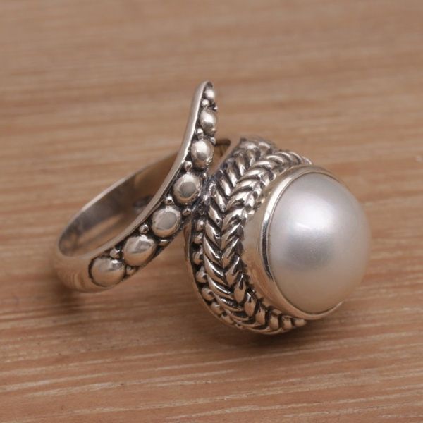 Alternate image for Handmade 925 Sterling Silver Cultured Pearl Snake Ring Coiled Asp