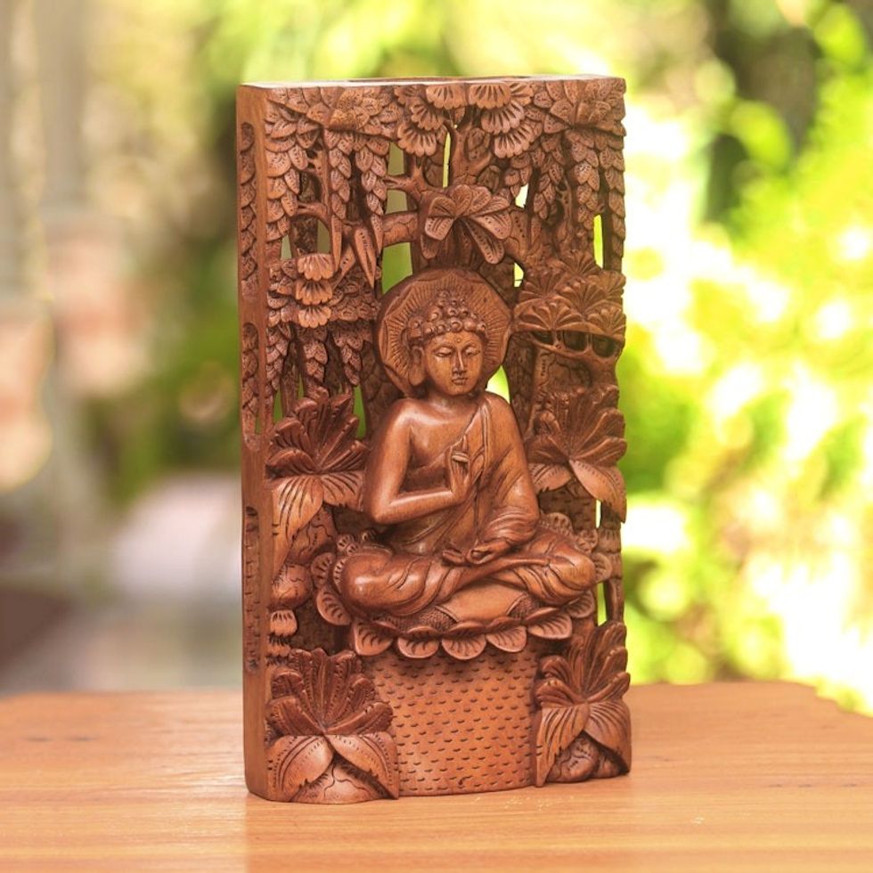 Hand-Carved Suar Wood Relief Panel of Buddha Praying 'Buddha in Nature'