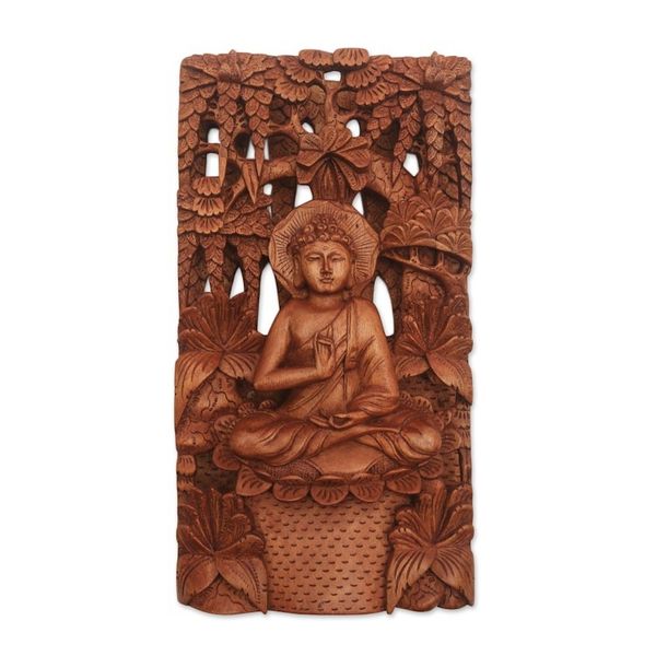 Alternate image for Hand-Carved Suar Wood Relief Panel of Buddha Praying Buddha in Nature