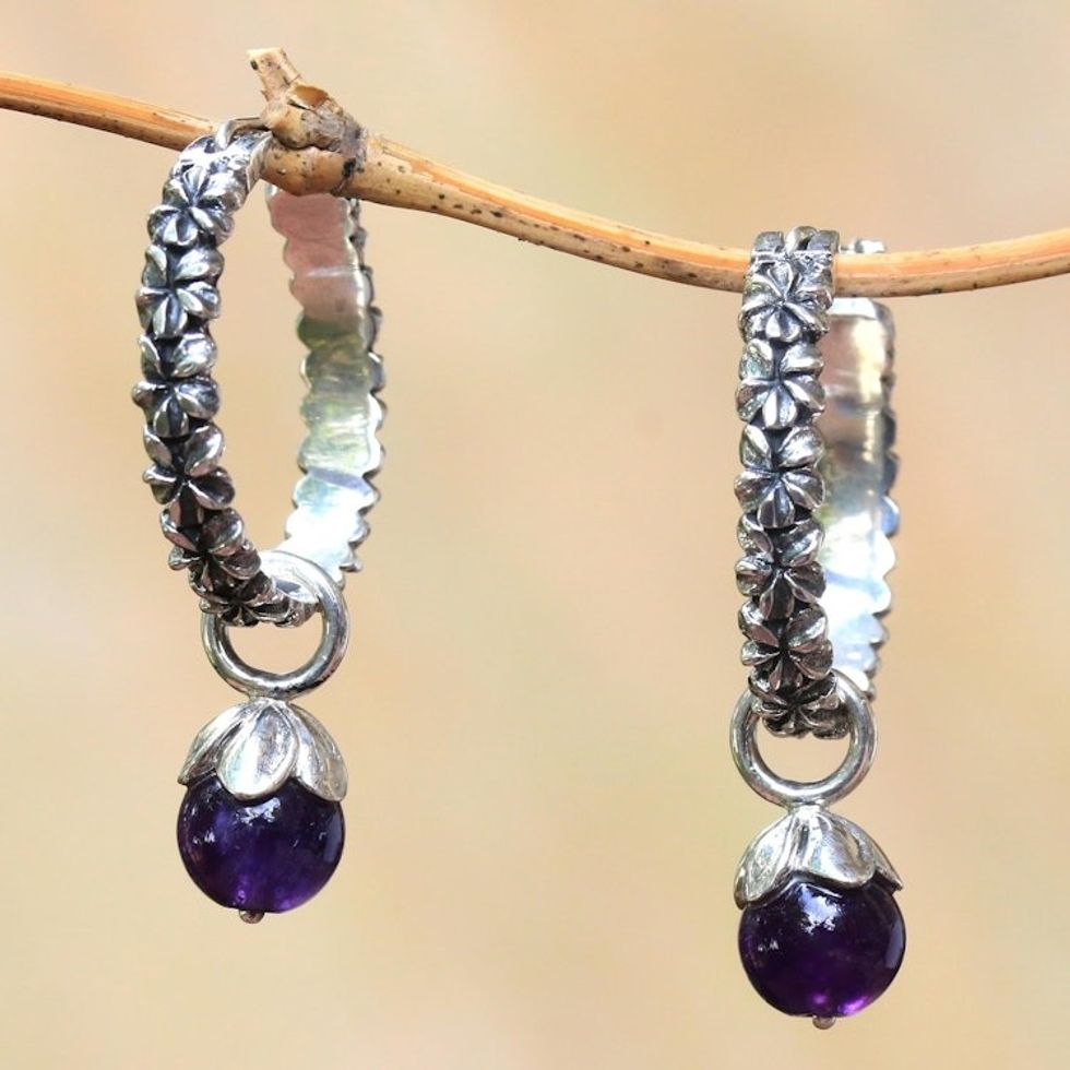 Amethyst and Sterling Silver Floral Motif Hoop Earrings 'Budding Spirit'