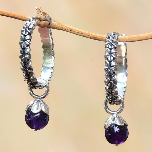 Alternate image for Amethyst and Sterling Silver Floral Motif Hoop Earrings Budding Spirit