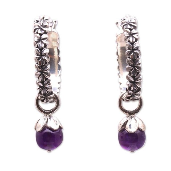 Alternate image for Amethyst and Sterling Silver Floral Motif Hoop Earrings Budding Spirit