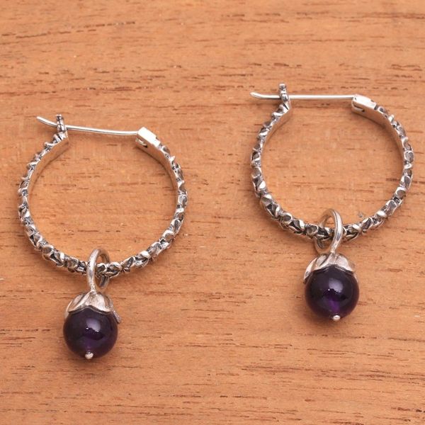 Alternate image for Amethyst and Sterling Silver Floral Motif Hoop Earrings Budding Spirit