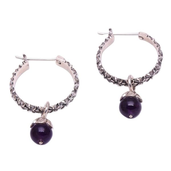 Alternate image for Amethyst and Sterling Silver Floral Motif Hoop Earrings Budding Spirit