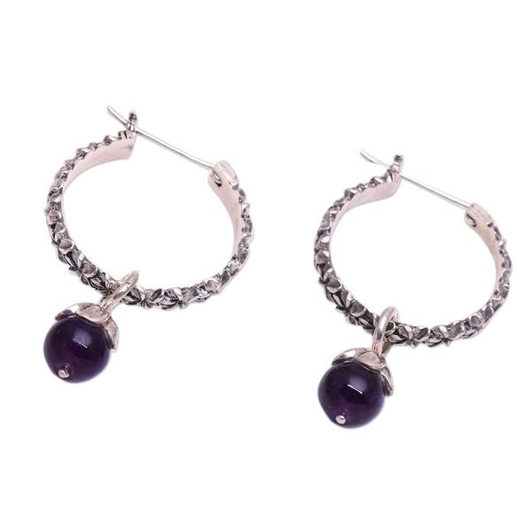 Alternate image for Amethyst and Sterling Silver Floral Motif Hoop Earrings Budding Spirit