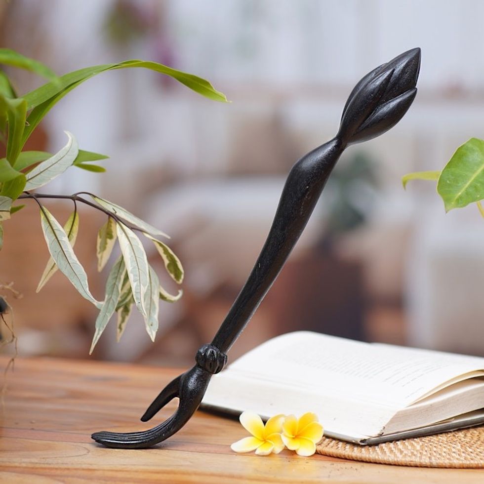 Black Lotus Flower Wood Hand Back Scratcher from Bali 'Lotus Ease in Black'