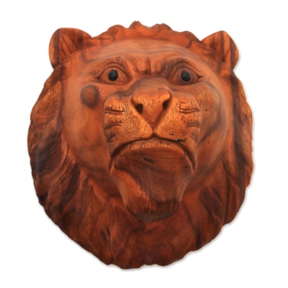 Hand Carved Lion Wall Mask in Suar Wood from Bali 'Pensive Lion'