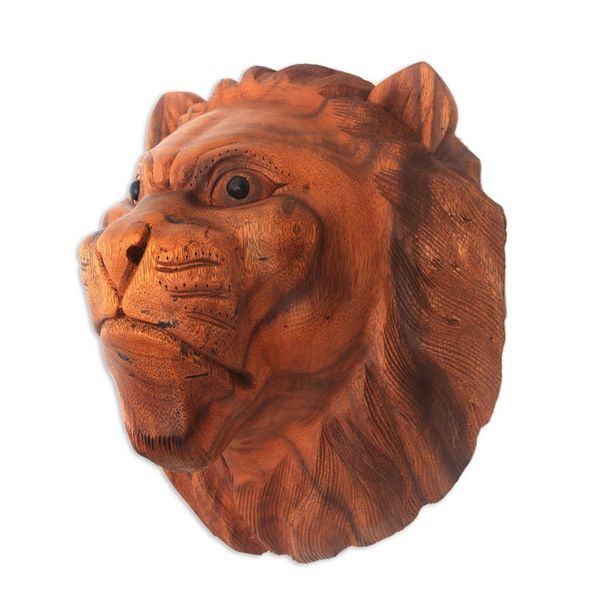 Alternate image for Hand Carved Lion Wall Mask in Suar Wood from Bali Pensive Lion