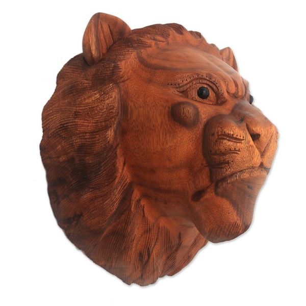 Alternate image for Hand Carved Lion Wall Mask in Suar Wood from Bali Pensive Lion