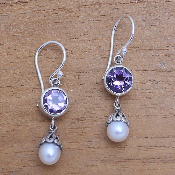 Alternate image for Amethyst and Cultured Pearl Dangle Earrings from Bali Fruit of Light