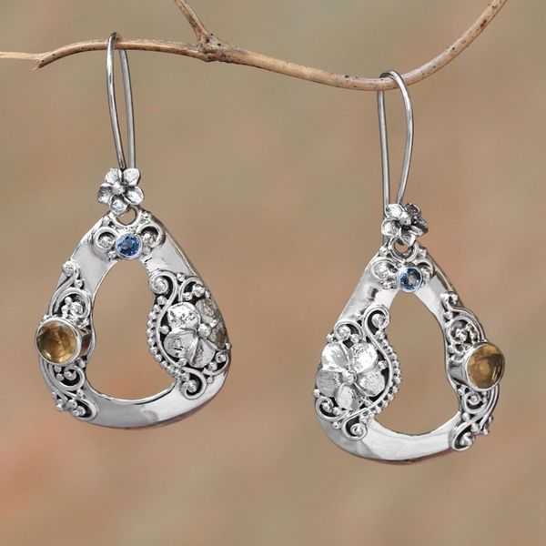 Alternate image for Floral Citrine and Blue Topaz Dangle Earrings from Bali Evening Jepun