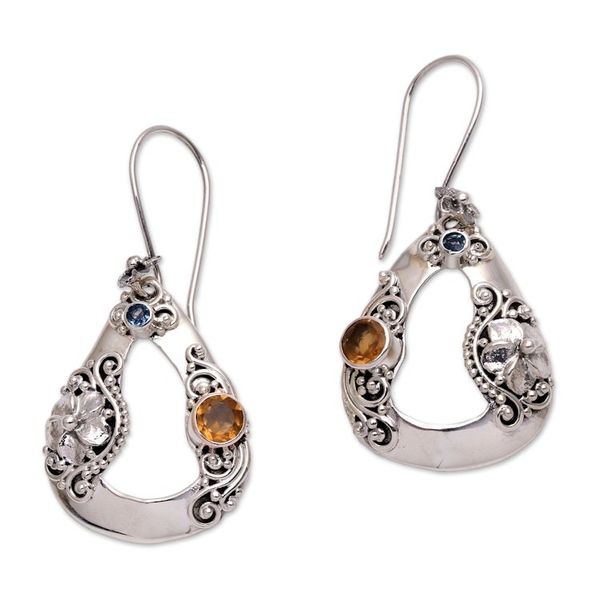 Alternate image for Floral Citrine and Blue Topaz Dangle Earrings from Bali Evening Jepun