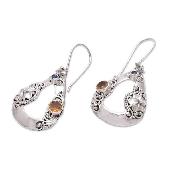 Alternate image for Floral Citrine and Blue Topaz Dangle Earrings from Bali Evening Jepun