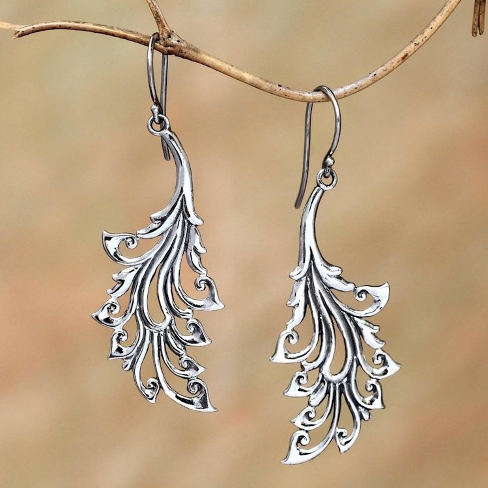 Curl Pattern Sterling Silver Dangle Earrings from Bali 'Bladed Curls'