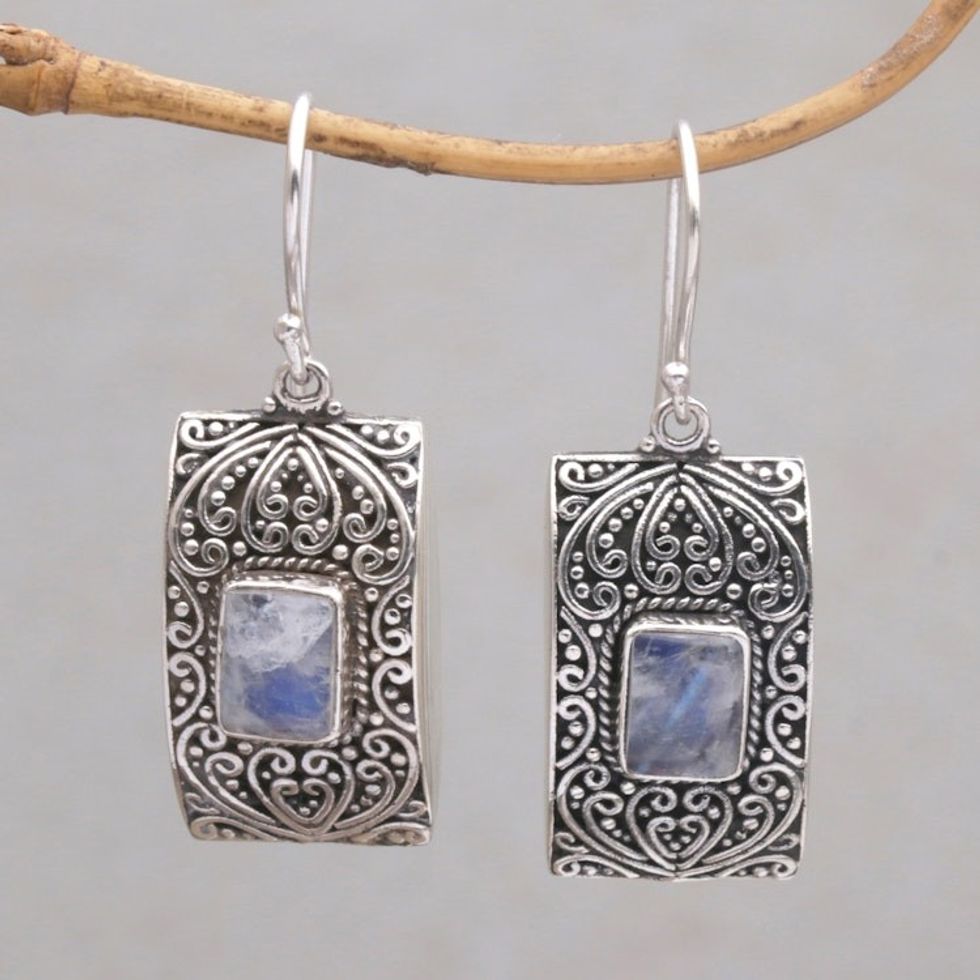Rectangular Rainbow Moonstone and Sterling Silver Earrings 'Mystical Sanctuary'