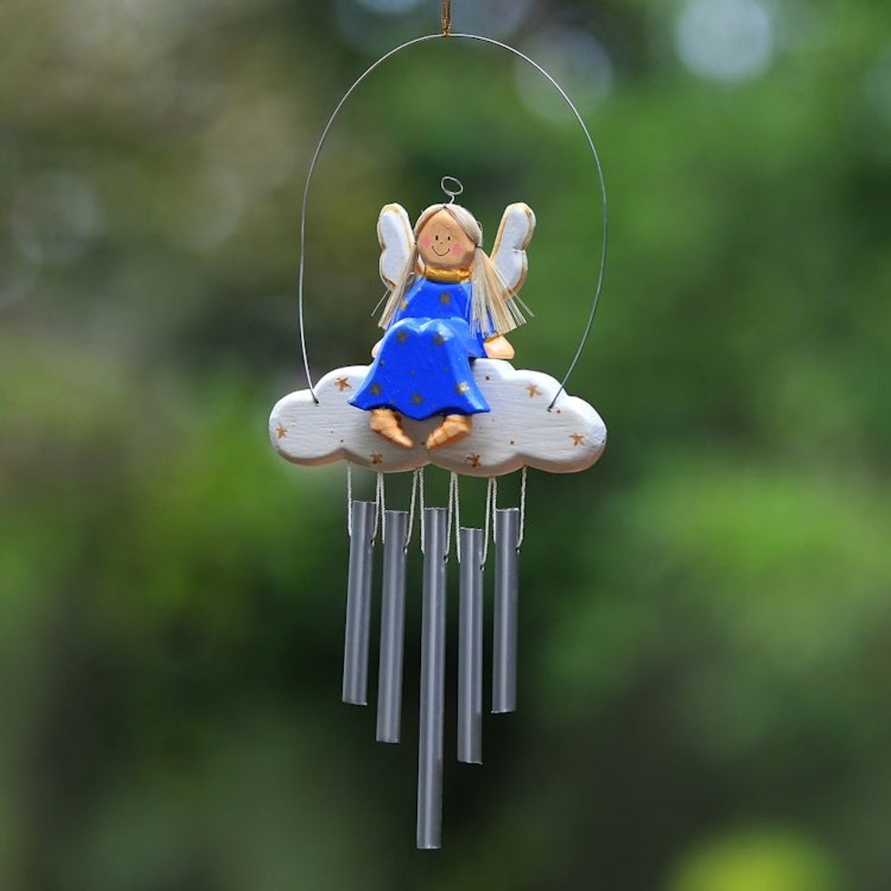 Angel-Themed Wood Wind Chime in Blue from Bali 'Angel Tune in Blue'