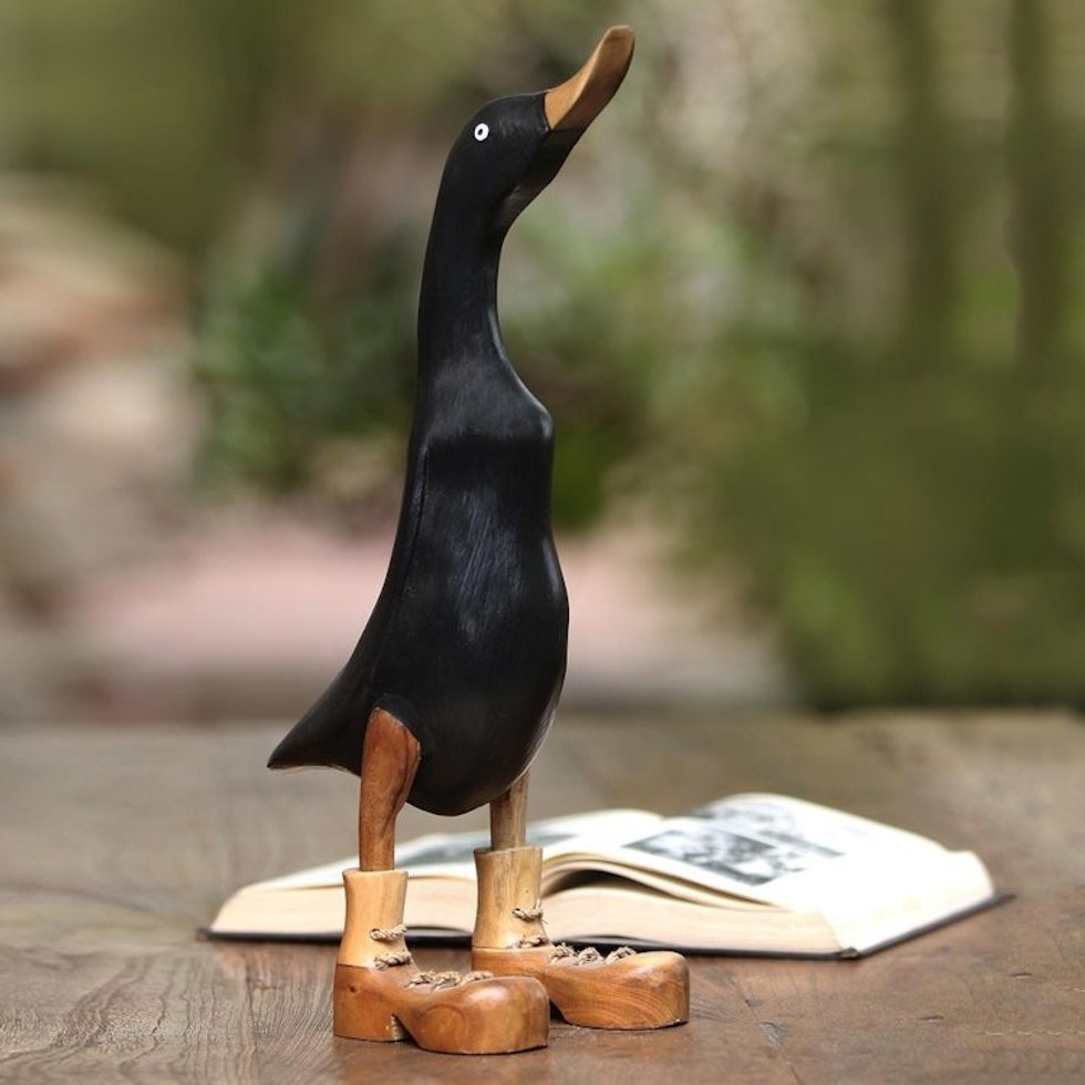 Black Acacia Wood and Bamboo Root Duck Sculpture from Bali 'Stomping Duck in Black'