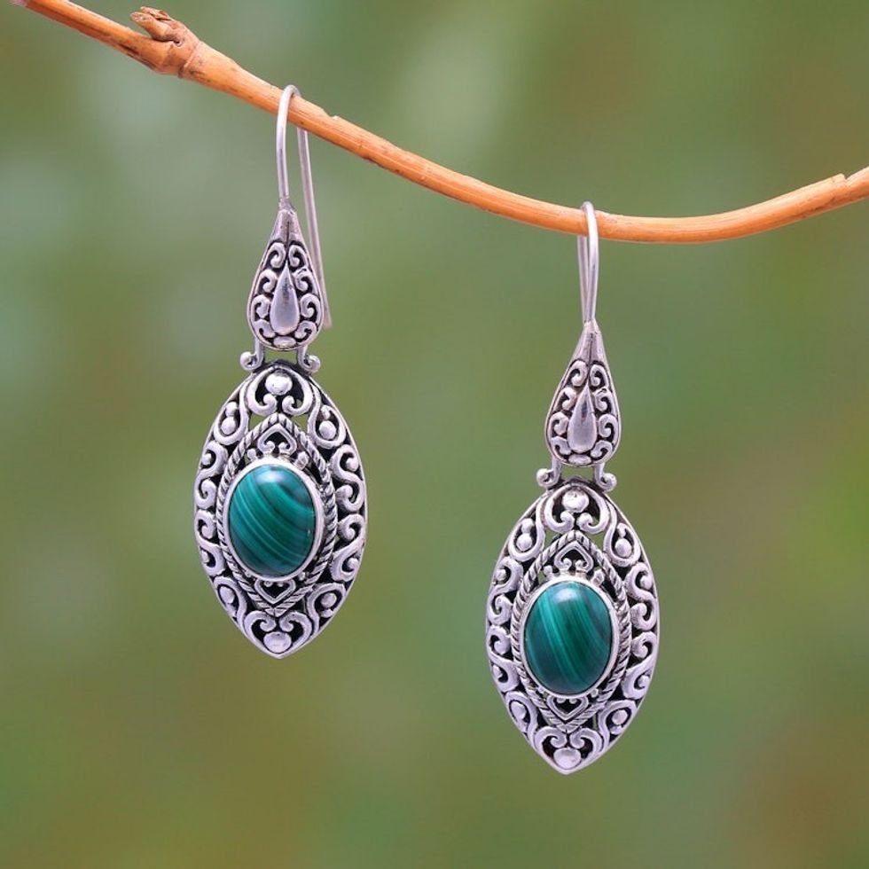Natural Malachite Dangle Earrings from Bali 'Precious Canoes'