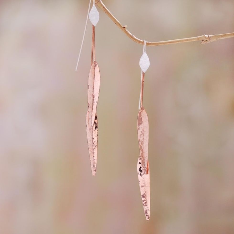 Handcrafted Sterling Silver and Copper Dangle Earrings 'Summer Points'