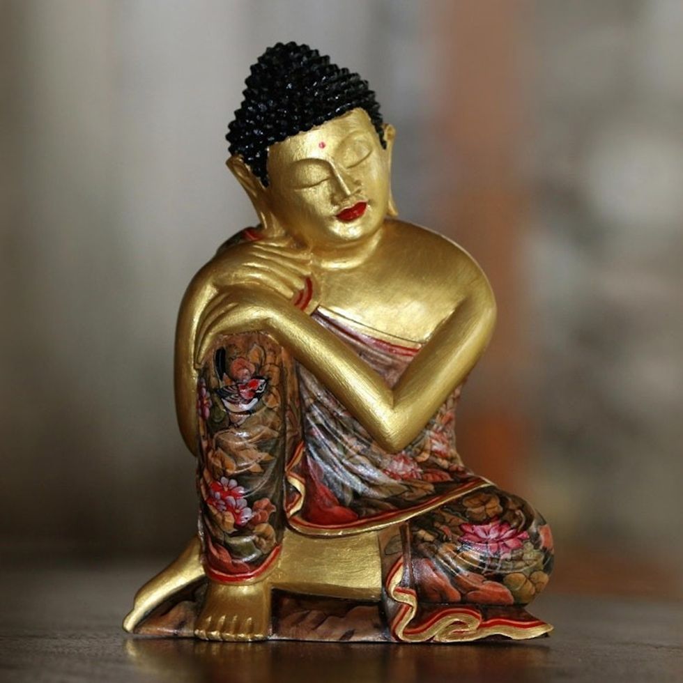 Gold-Tone Floral Wood Buddha Sculpture from Bali 'Buddha Garden'