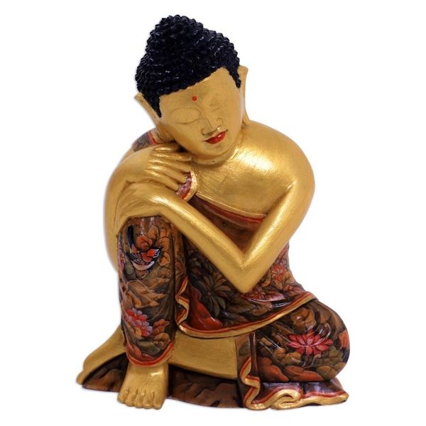 Alternate image for Gold-Tone Floral Wood Buddha Sculpture from Bali Buddha Garden
