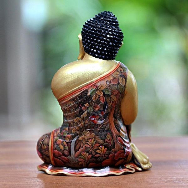 Alternate image for Gold-Tone Floral Wood Buddha Sculpture from Bali Buddha Garden