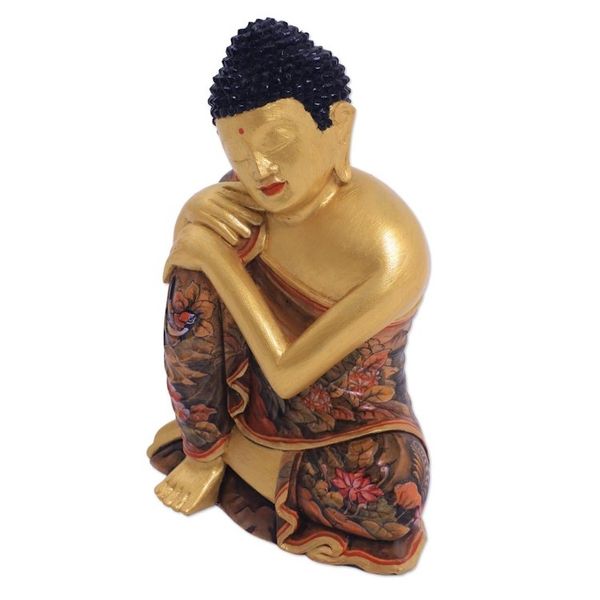 Alternate image for Gold-Tone Floral Wood Buddha Sculpture from Bali Buddha Garden
