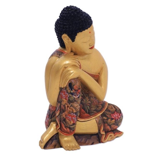Alternate image for Gold-Tone Floral Wood Buddha Sculpture from Bali Buddha Garden