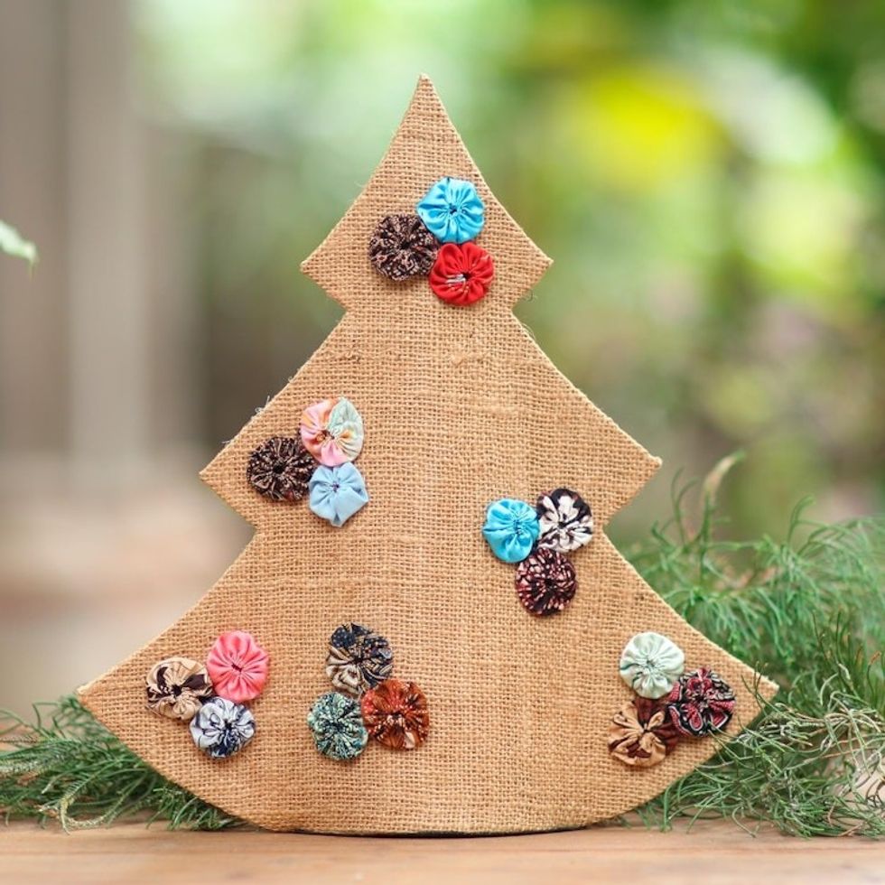 Handmade Brown Batik Christmas Tree Decorative Sculpture 'Christmas in Batik in Brown'