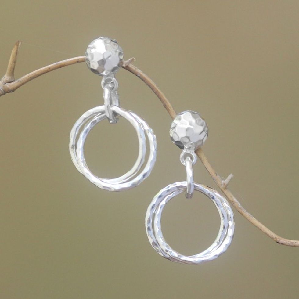 Circular Sterling Silver Dangle Earrings from Bali 'Glistening Hoops'