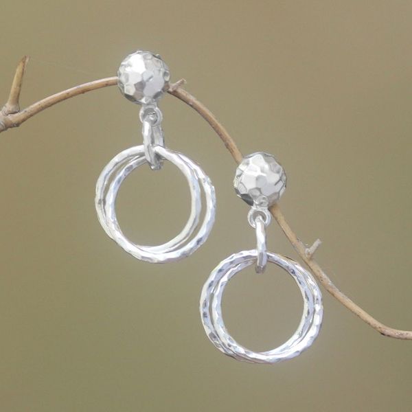 Alternate image for Circular Sterling Silver Dangle Earrings from Bali Glistening Hoops