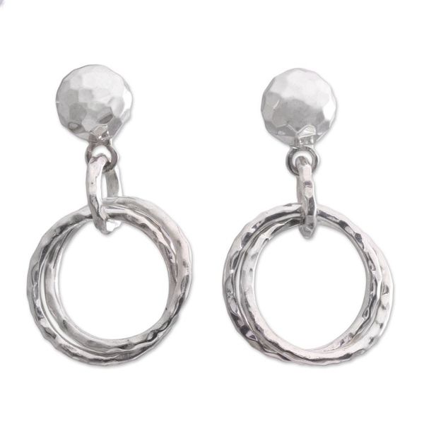 Alternate image for Circular Sterling Silver Dangle Earrings from Bali Glistening Hoops