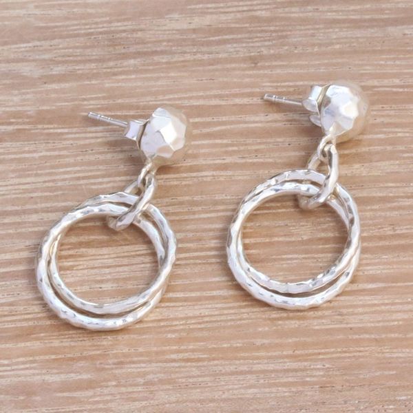 Alternate image for Circular Sterling Silver Dangle Earrings from Bali Glistening Hoops