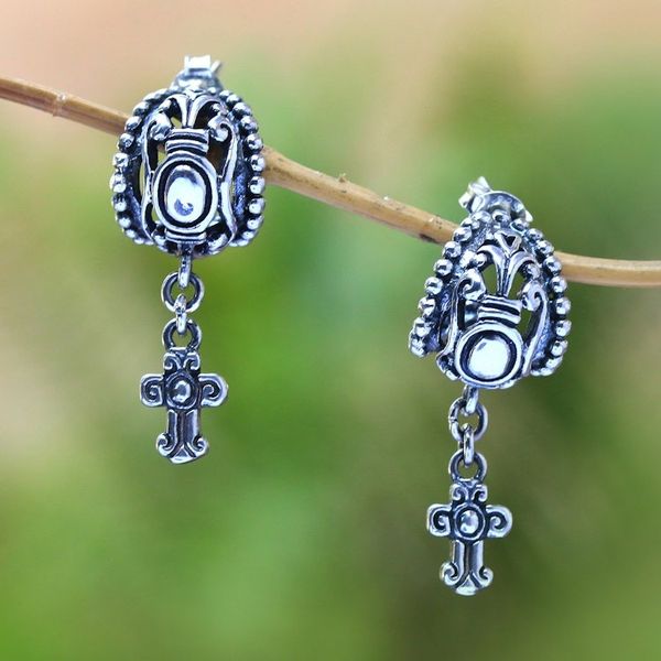 Alternate image for Sterling Silver Cross Dangle Earrings from Bali Celuk Cross