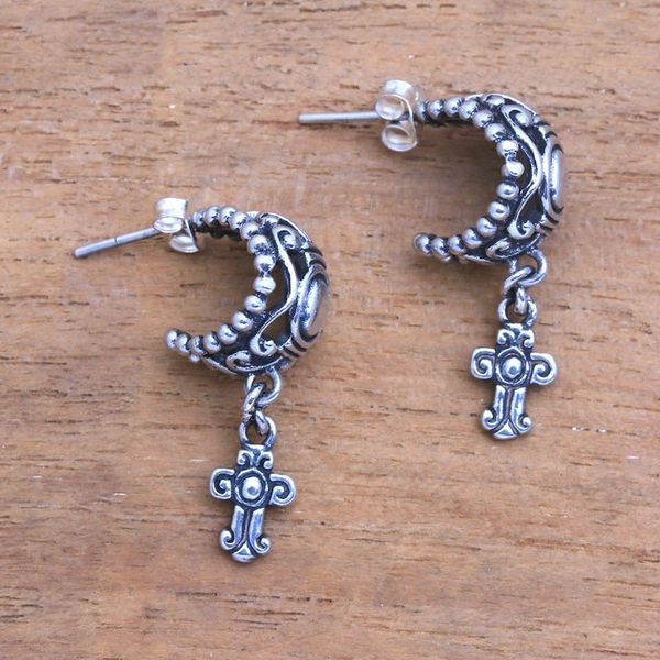 Alternate image for Sterling Silver Cross Dangle Earrings from Bali Celuk Cross
