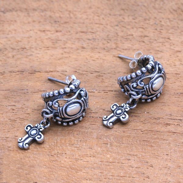 Alternate image for Sterling Silver Cross Dangle Earrings from Bali Celuk Cross