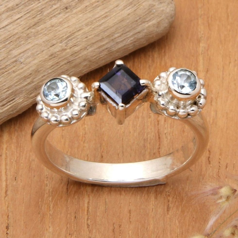 Sterling Silver Blue Topaz and Iolite Faceted Cocktail Ring 'Cool Trio'