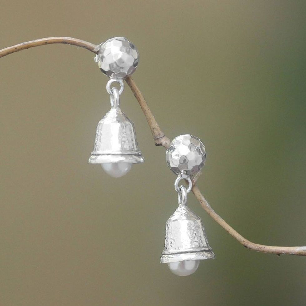 Cultured Pearl Bell Dangle Earrings from Bali 'Melodious Gleam'