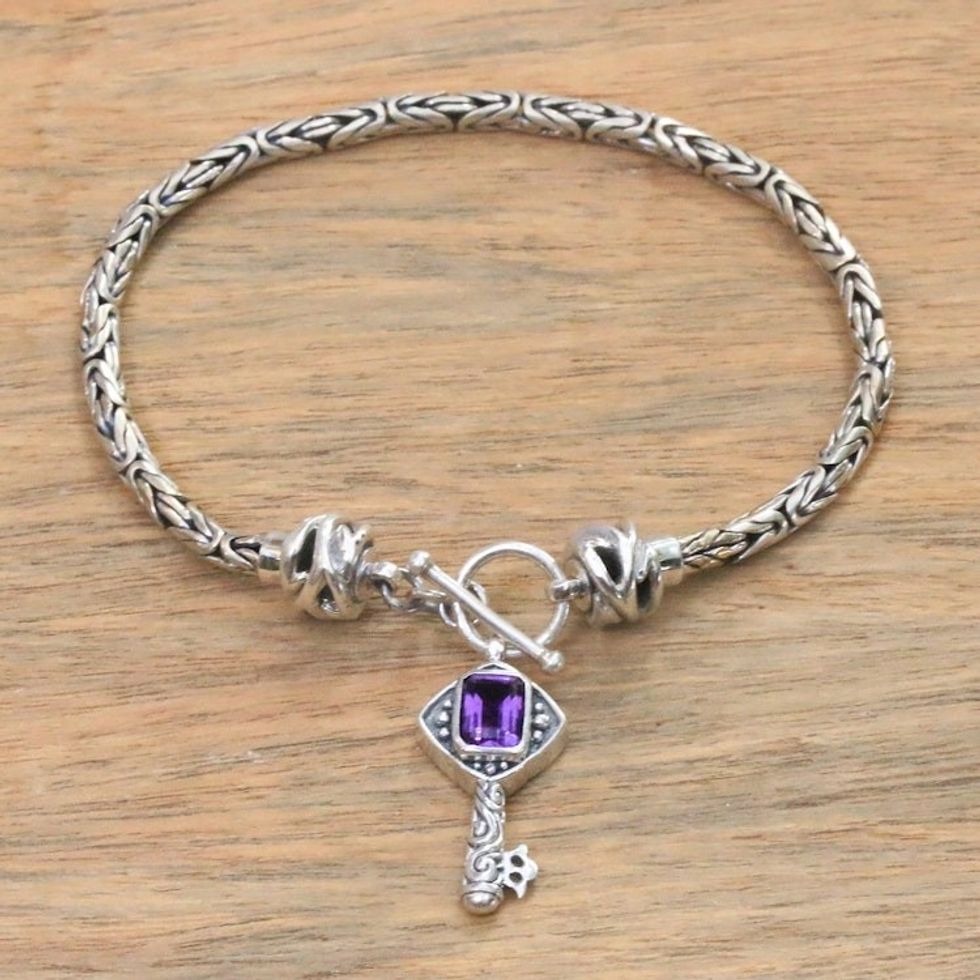 Handcrafted Amethyst and Sterling Silver Key Charm Bracelet 'Beauty Unlocked'