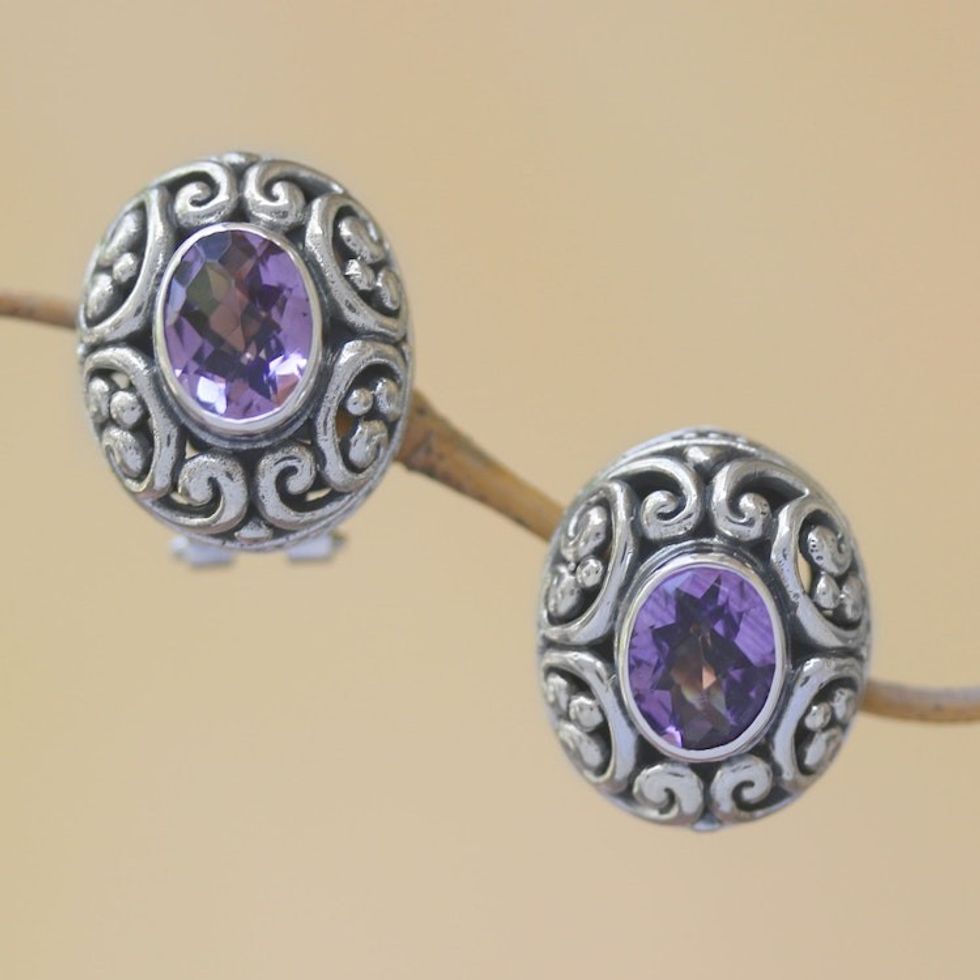 Sterling Silver Faceted Amethyst Button Earrings from Bali 'Deep Allure'