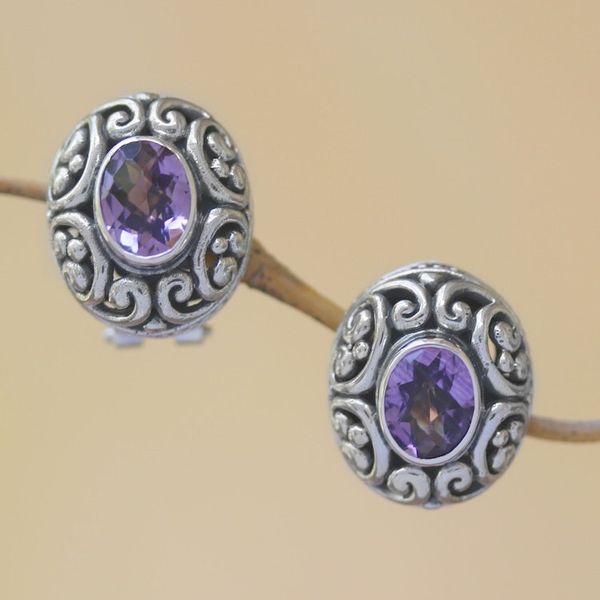 Alternate image for Sterling Silver Faceted Amethyst Button Earrings from Bali Deep Allure