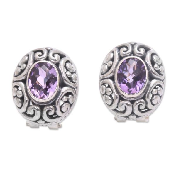 Alternate image for Sterling Silver Faceted Amethyst Button Earrings from Bali Deep Allure