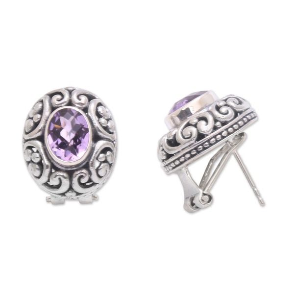 Alternate image for Sterling Silver Faceted Amethyst Button Earrings from Bali Deep Allure