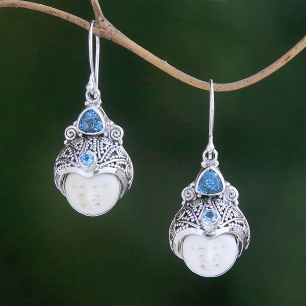 Alternate image for Blue Topaz and Carved Bone Dangle Earrings from Bali Celuk Pangeran