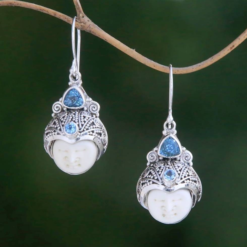 Blue Topaz and Carved Bone Dangle Earrings from Bali 'Celuk Pangeran'