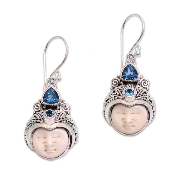 Alternate image for Blue Topaz and Carved Bone Dangle Earrings from Bali Celuk Pangeran