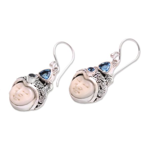 Alternate image for Blue Topaz and Carved Bone Dangle Earrings from Bali Celuk Pangeran